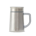 Pure titanium office mug 450mL in natural silver finish with lid and T-shaped handle, front view
