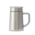 Pure titanium office mug 450mL in natural silver finish with lid and T-shaped handle, front view