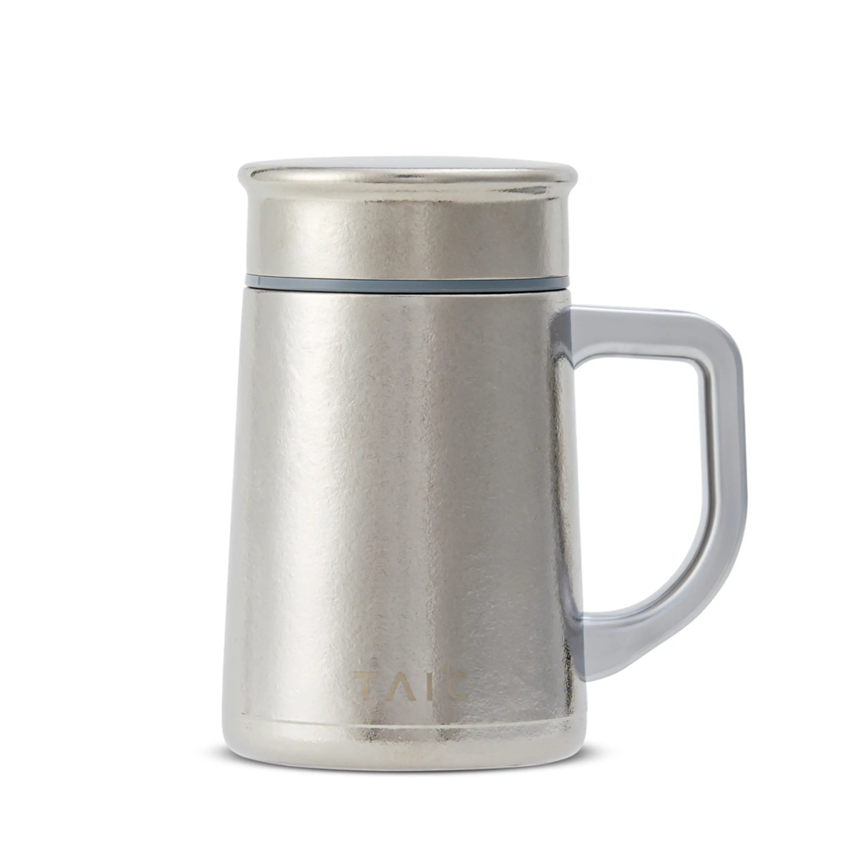 Pure titanium office mug 450mL in natural silver finish with lid and T-shaped handle, front view