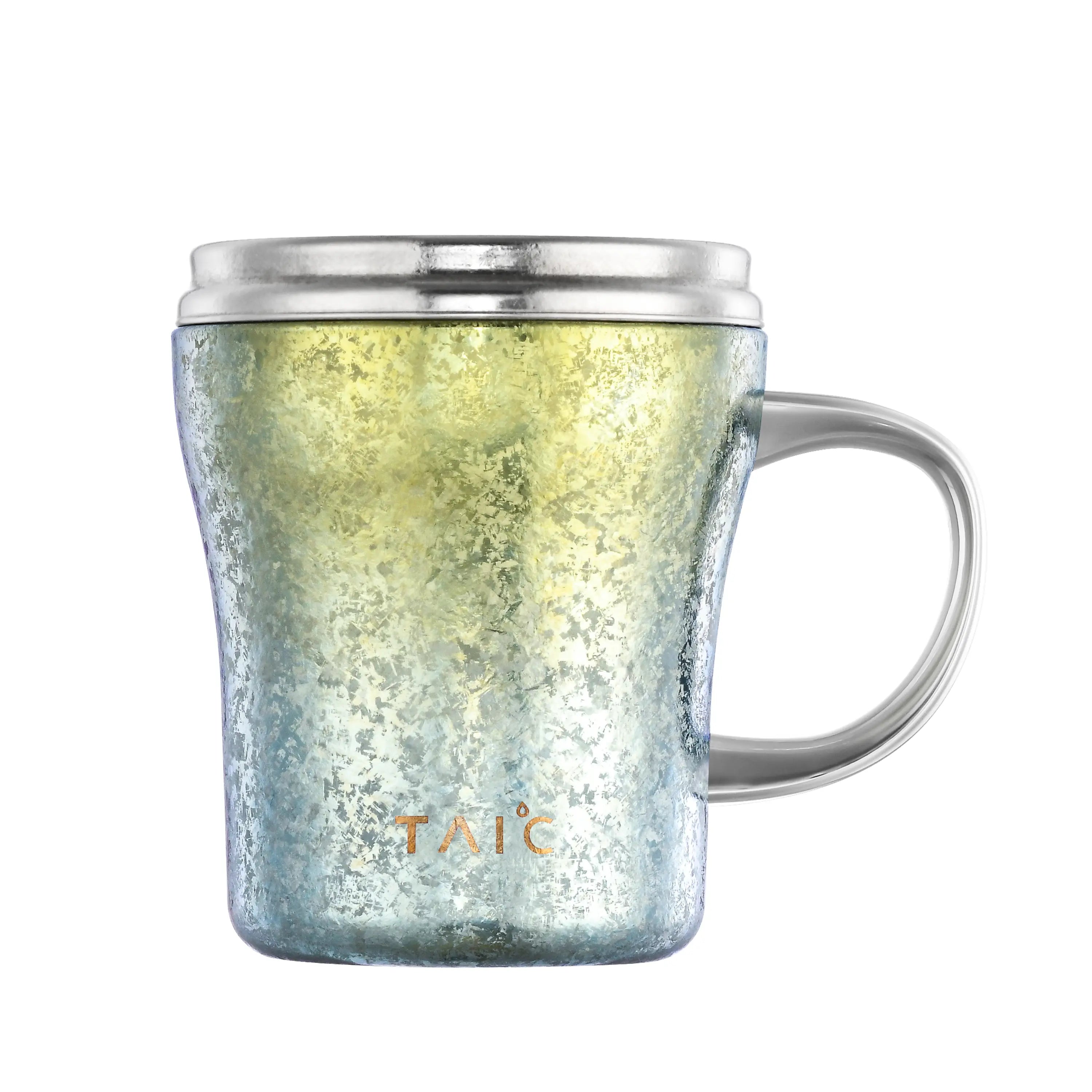 Pure titanium 330mL desktop mug in green-gold iridescent finish with lid and handle, front view