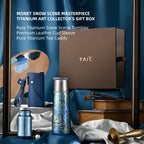 TAIC Monet's Snowscape Pure Titanium Flask Gift Set — contents graphic listing tumbler, leather sleeve, and tea caddy