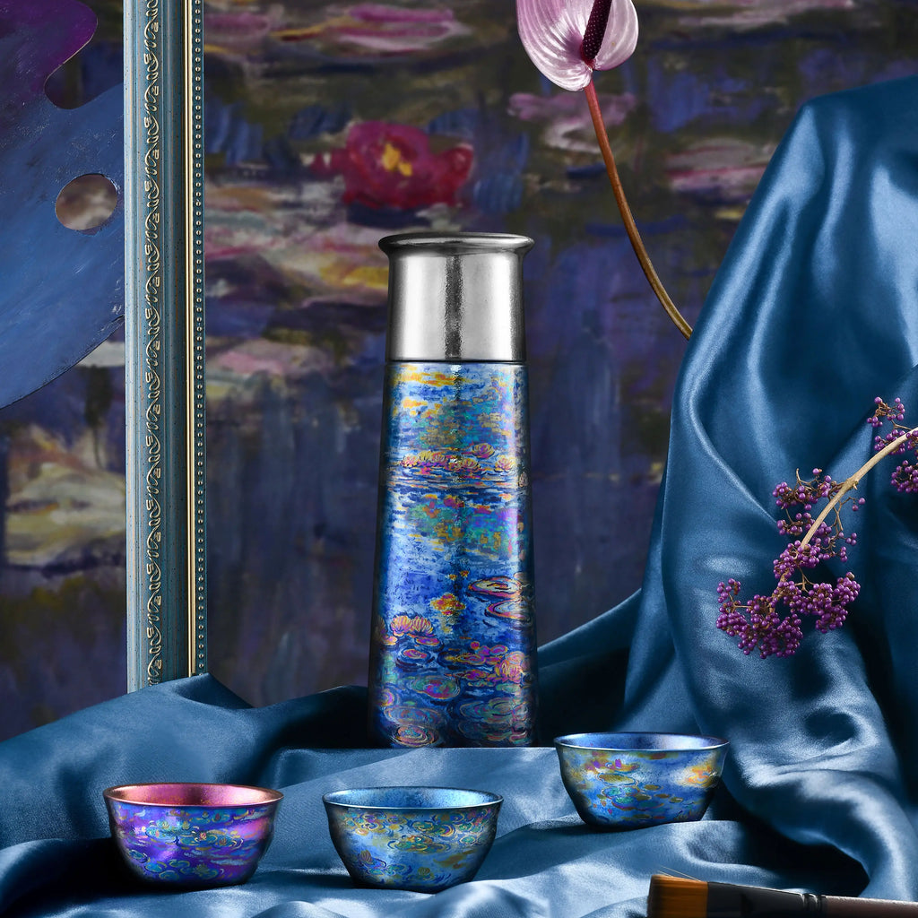 "Monet's Lotus" Hand-Painted Pure Titanium Flask Gift Set