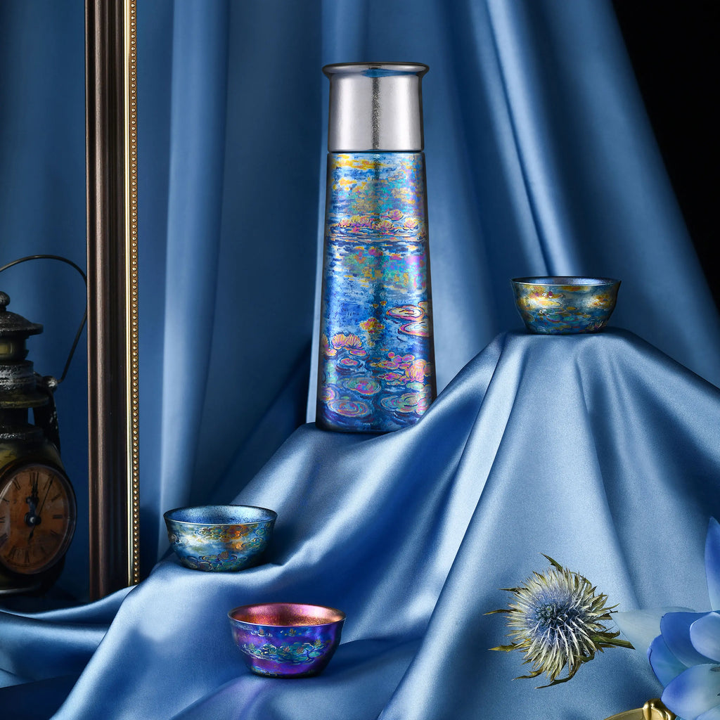 "Monet's Lotus" Hand-Painted Pure Titanium Flask Gift Set
