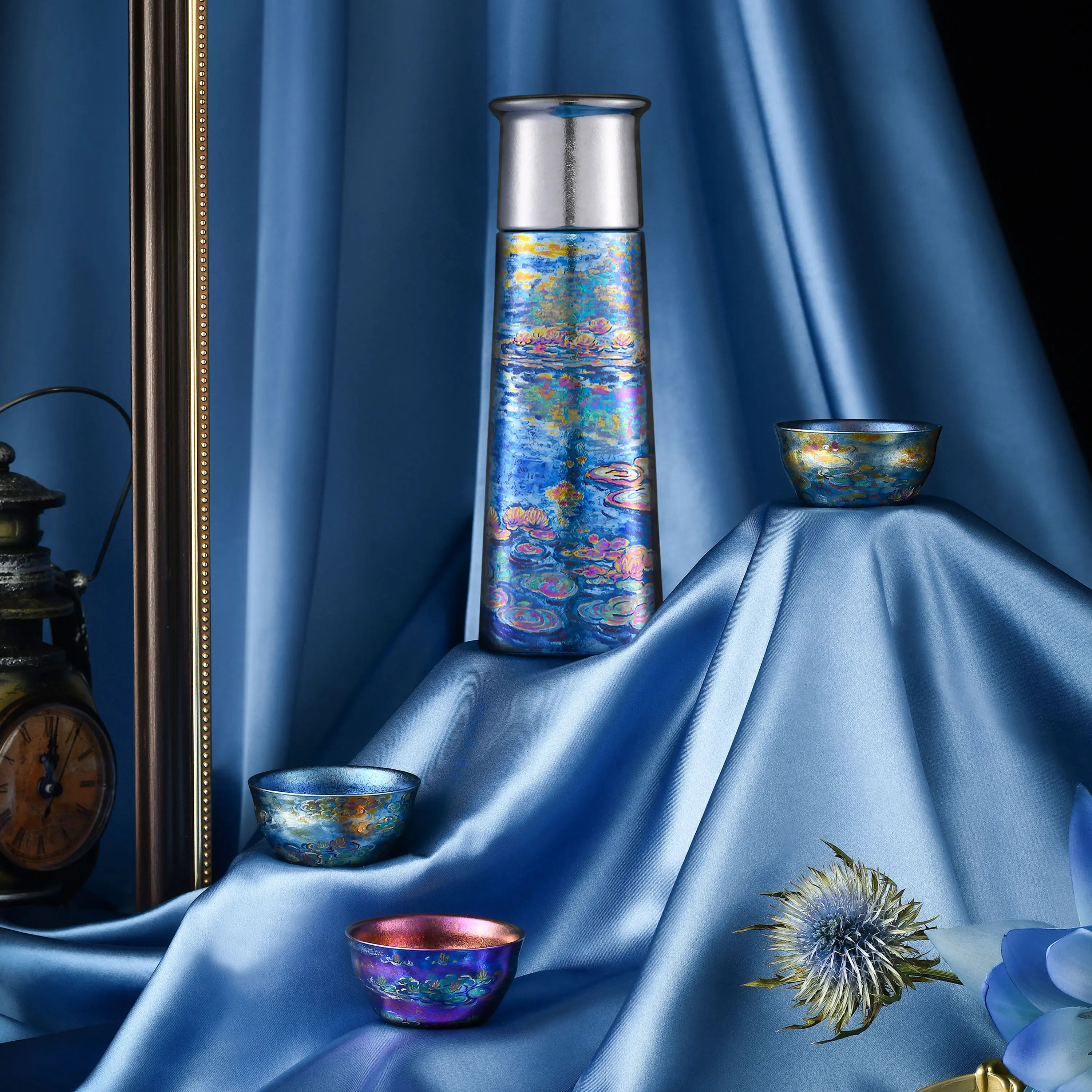 "Monet's Lotus" Hand-Painted Pure Titanium Flask Gift Set