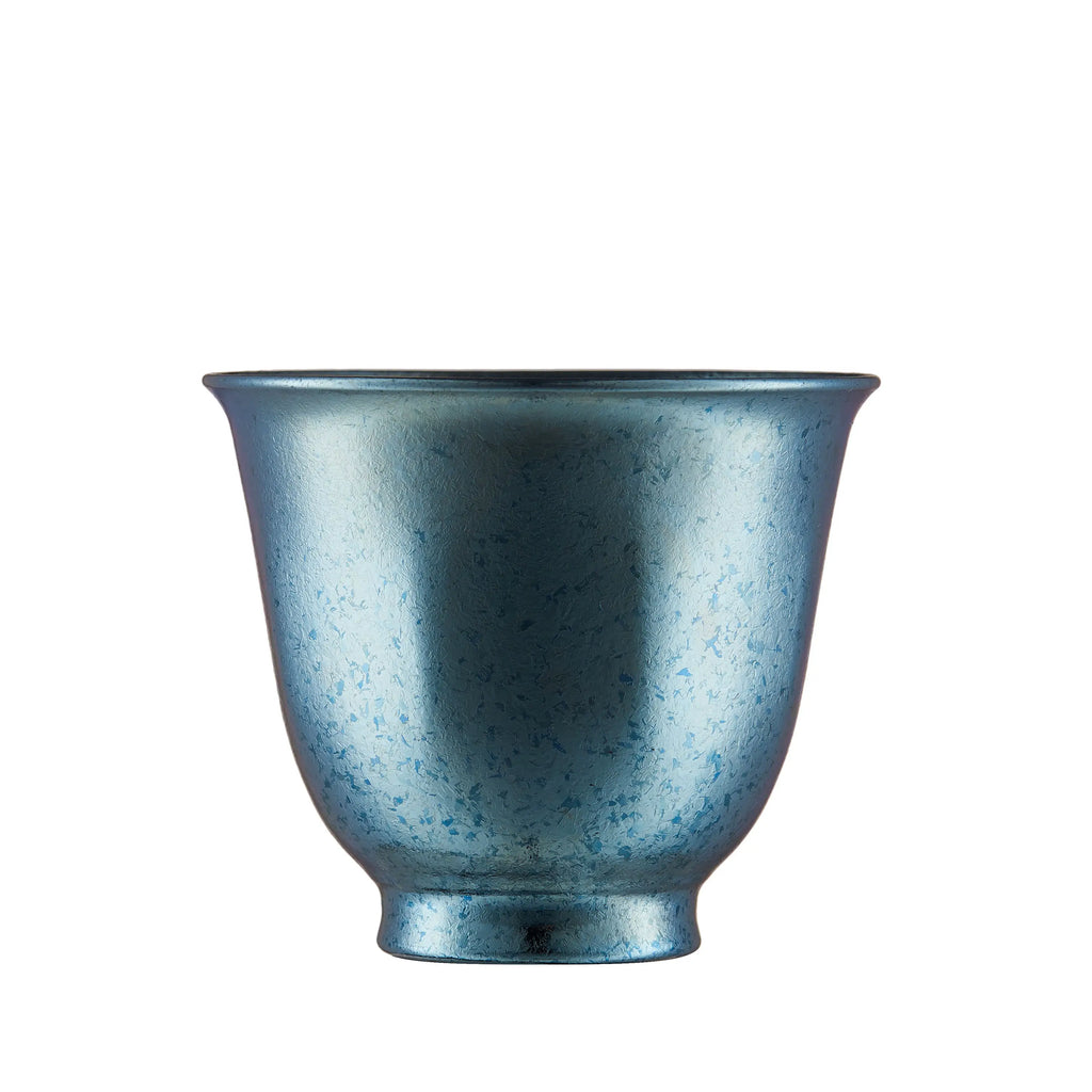 Single ice-blue speckled pure titanium tea cup, double-wall design, front view on white background