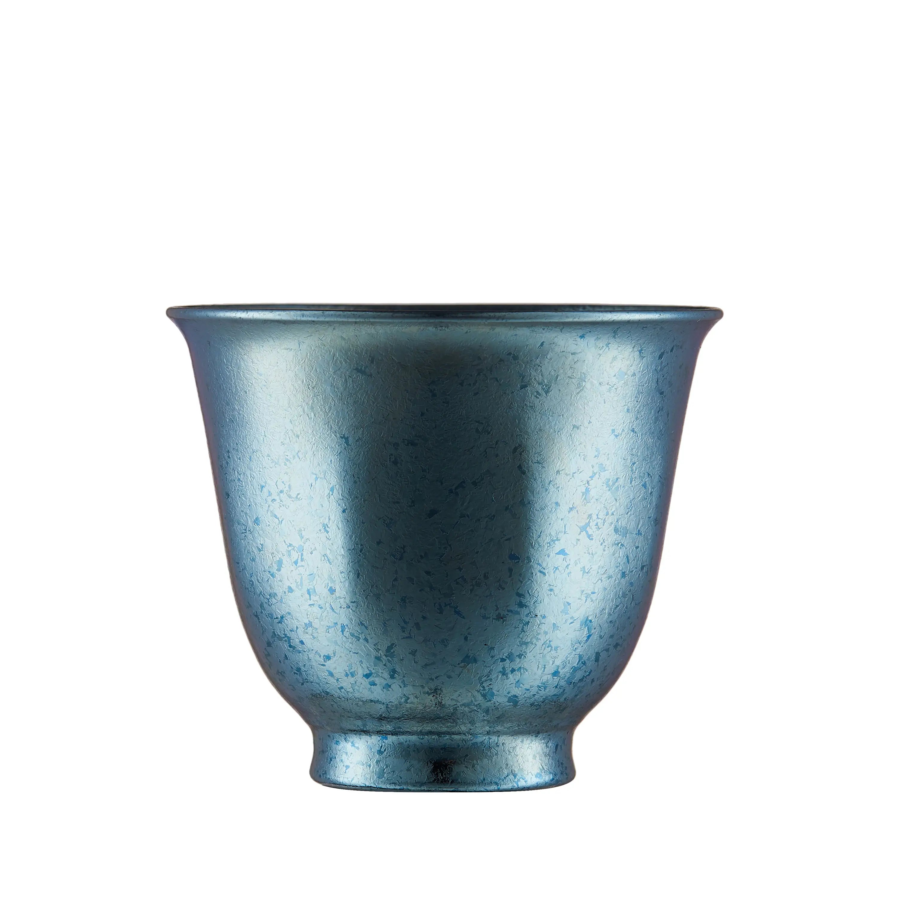 Single ice-blue speckled pure titanium tea cup, double-wall design, front view on white background