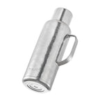 Pure titanium 1.2L thermal carafe tilted to reveal engraved titanium base and model marking, silver finish