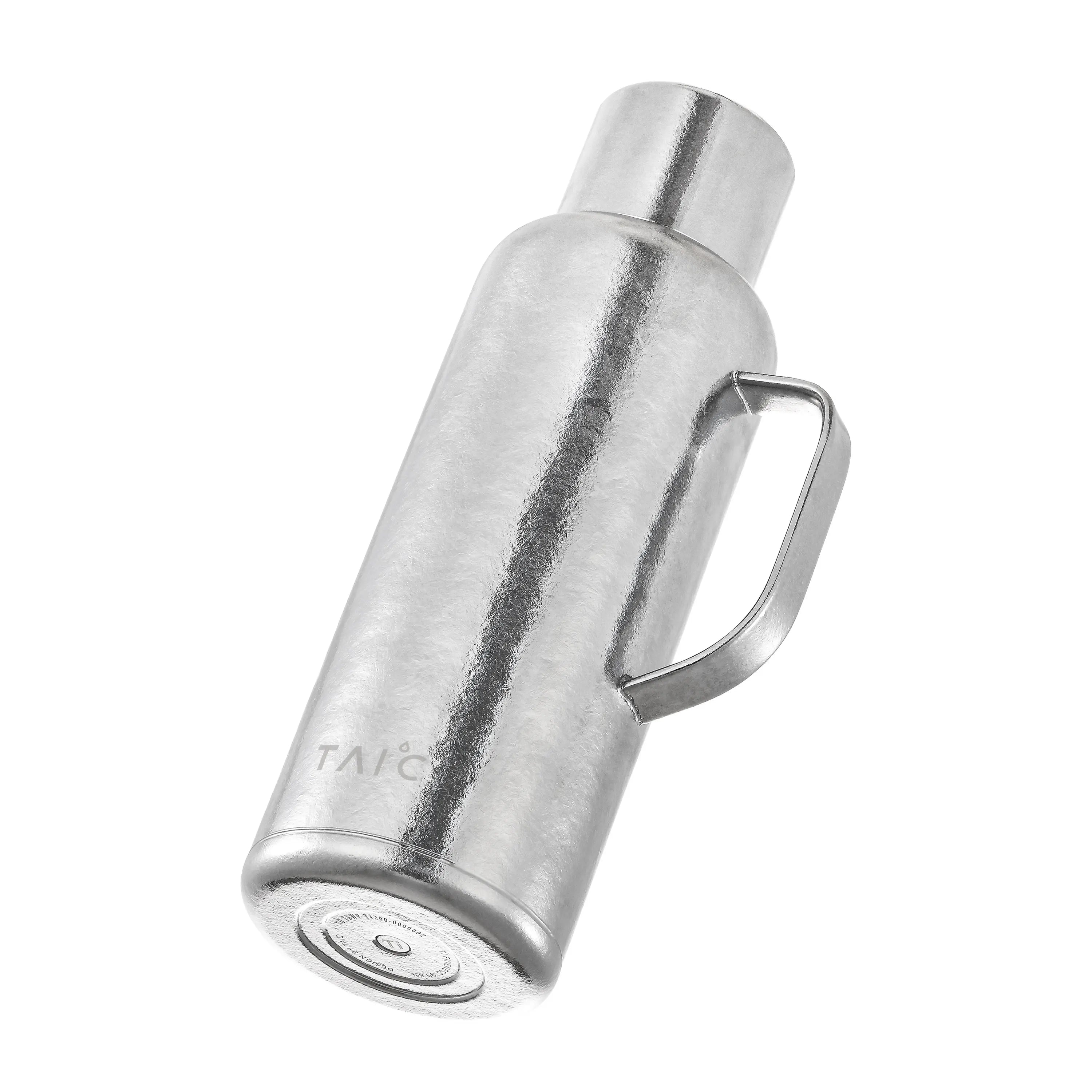 Pure titanium 1.2L thermal carafe tilted to reveal engraved titanium base and model marking, silver finish