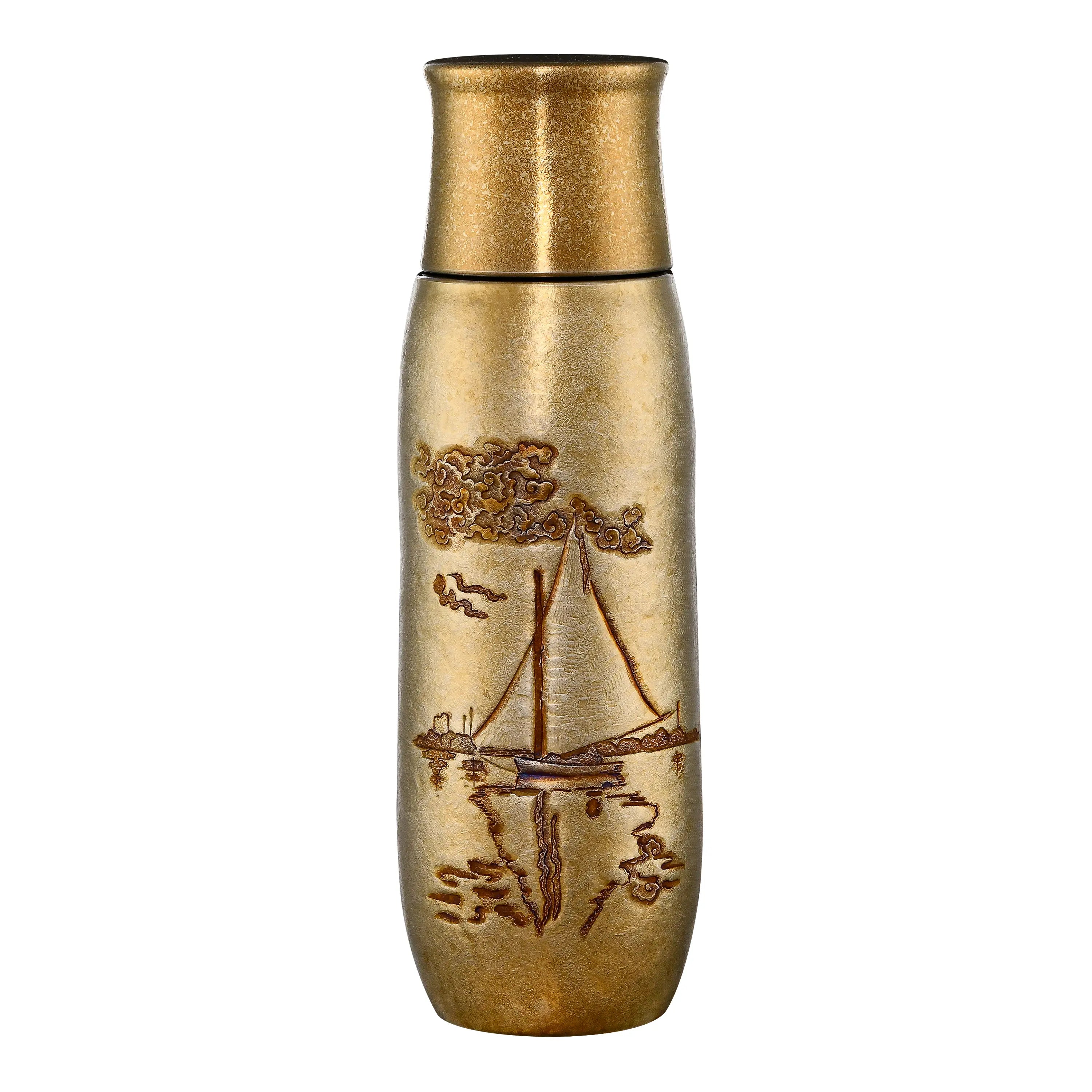 Monet Sailboat titanium infuser tumbler in warm gold finish showing embossed sailboat scene, front view