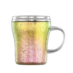 Pure titanium 330mL mug in rainbow green-pink finish, lid closed, front view