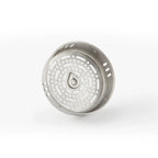 Close-up of the stainless dual-filter strainer disc of the titanium thermal carafe with droplet logo