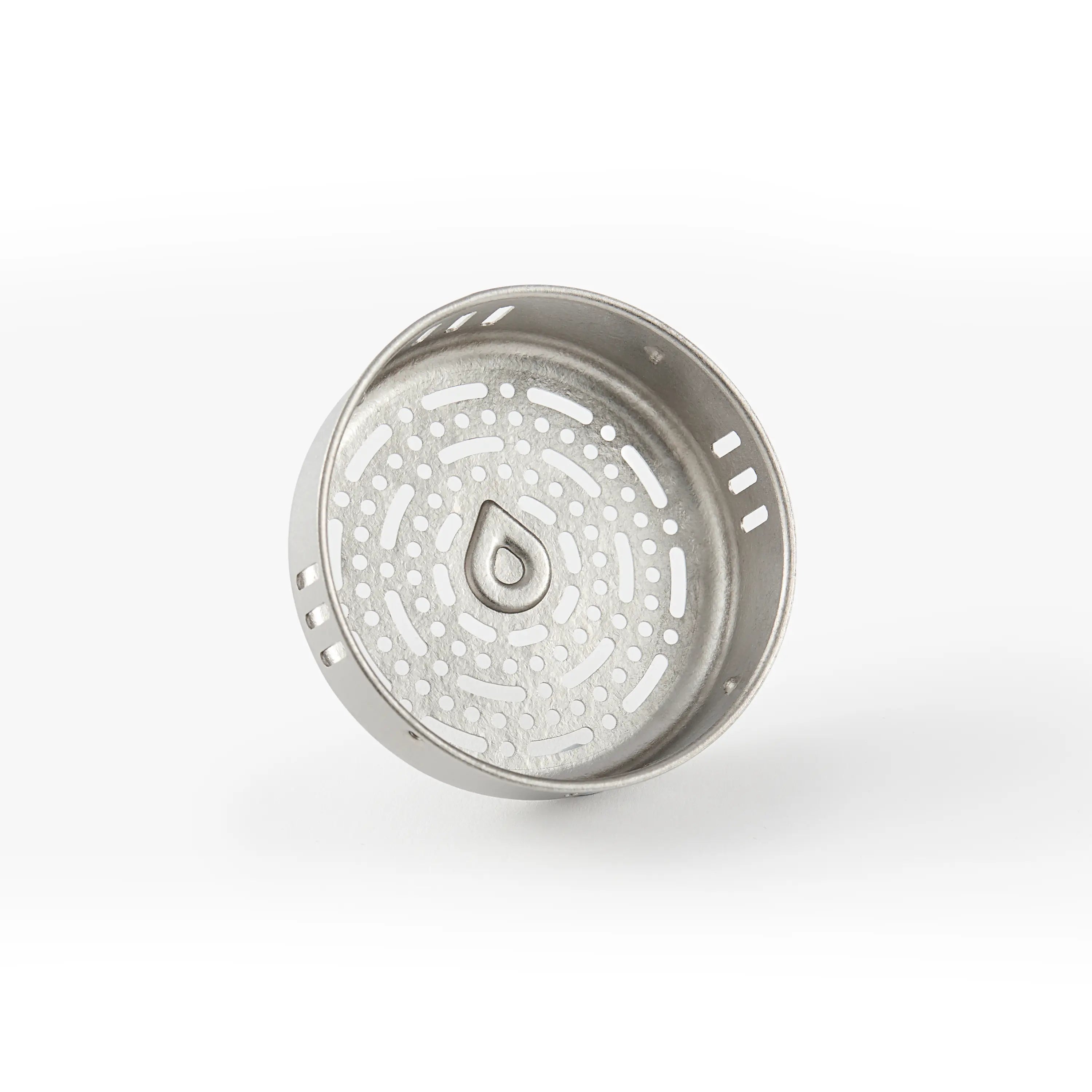 Close-up of the stainless dual-filter strainer disc of the titanium thermal carafe with droplet logo