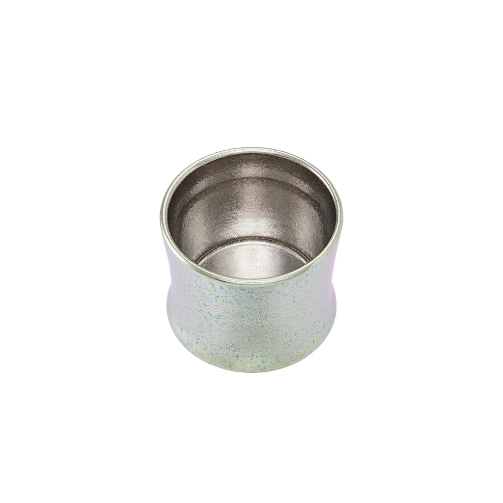 Close-up of iridescent titanium screw cup lid from Aurora tea infuser tumbler, brushed silver interior