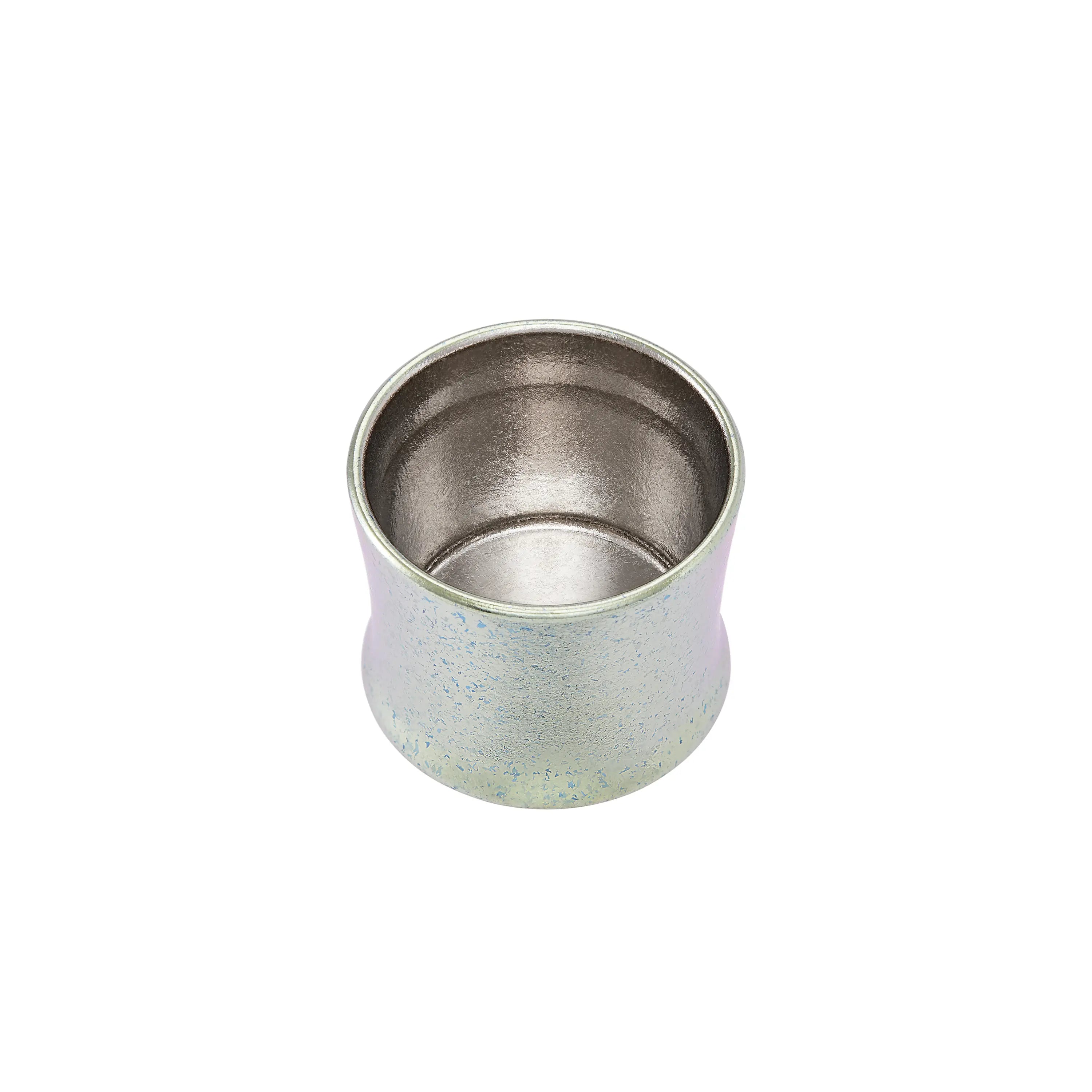Close-up of iridescent titanium screw cup lid from Aurora tea infuser tumbler, brushed silver interior
