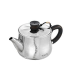 Polished titanium teapot, raised three-quarter angle showing lid, spout and blackwood handle
