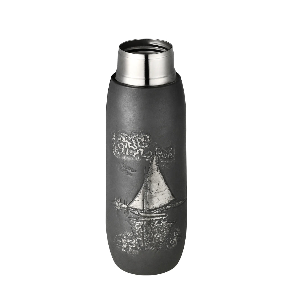 Monet Sailboat titanium infuser tumbler in gunmetal finish, lid off revealing polished steel mouth opening