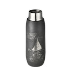 Monet Sailboat titanium infuser tumbler in gunmetal finish, lid off revealing polished steel mouth opening