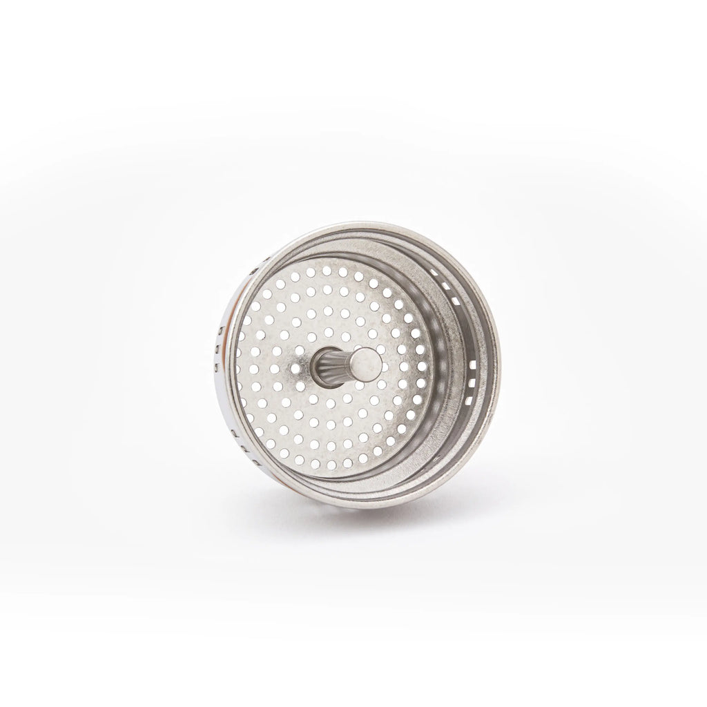Pure titanium office mug removable micro-mesh infuser close-up with perforated strainer and knob