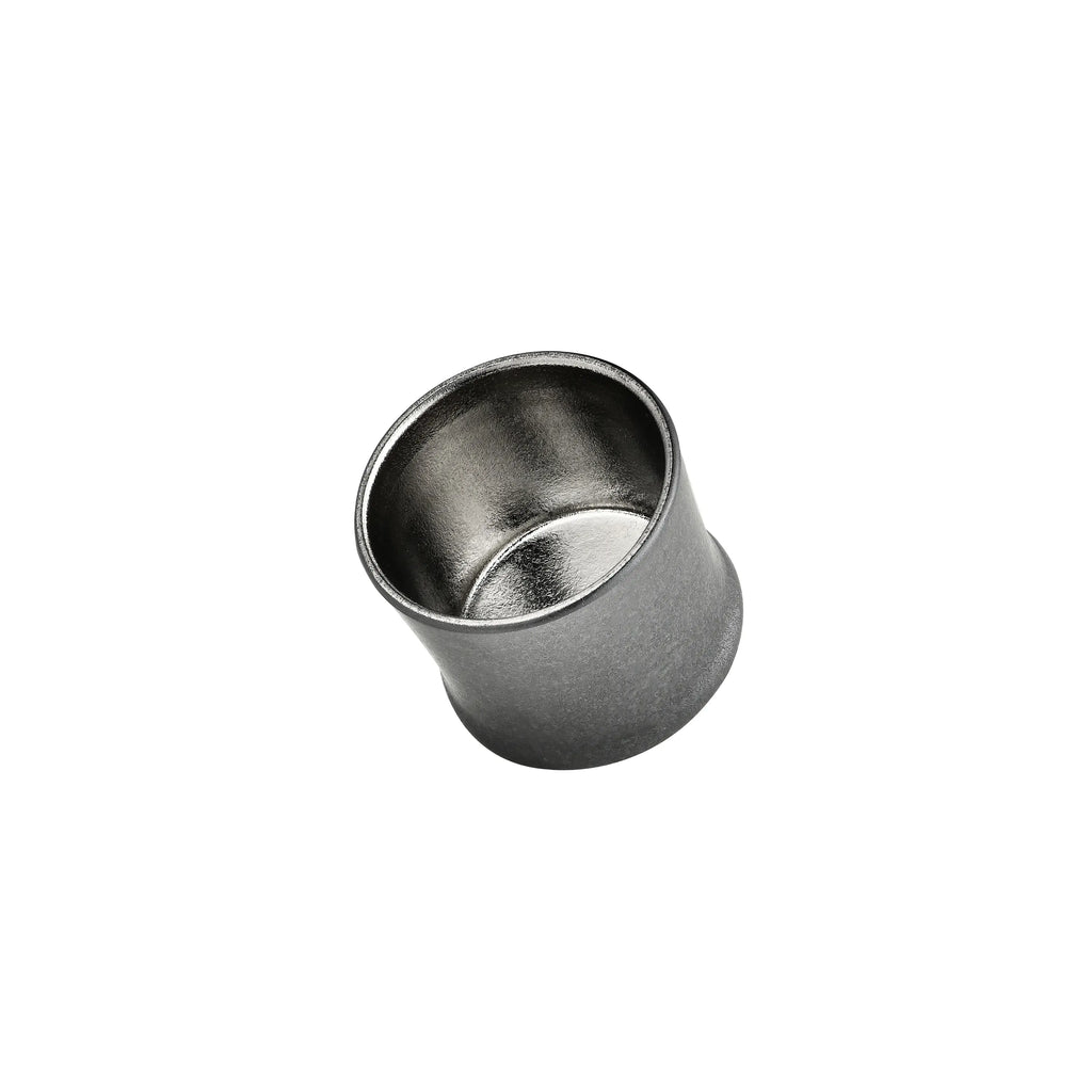Companion pure titanium tea caddy from the Monet Sailboat infuser tumbler set, tilted to show empty interior