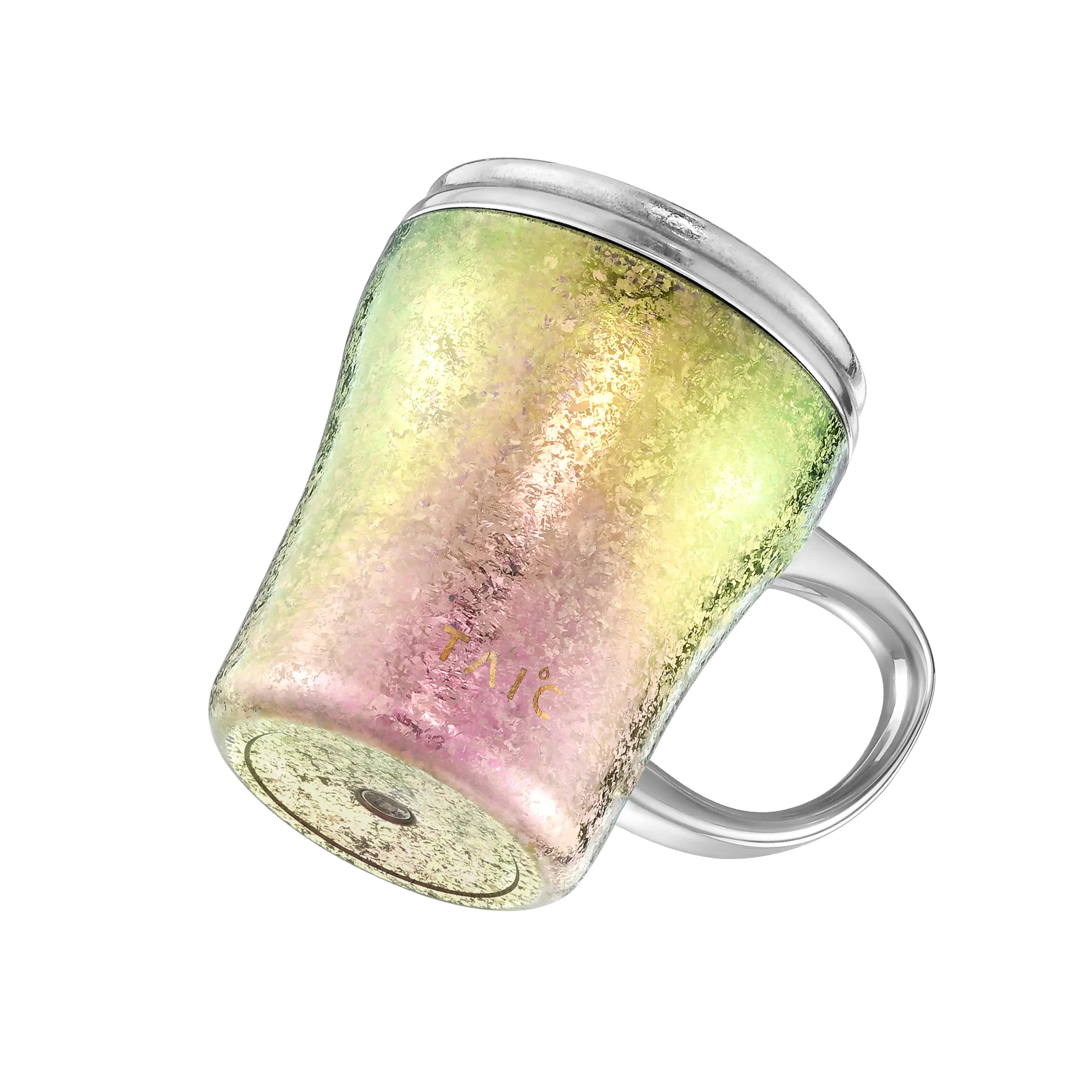 Iridescent titanium mug tilted to reveal its rounded base, 45-degree angle view