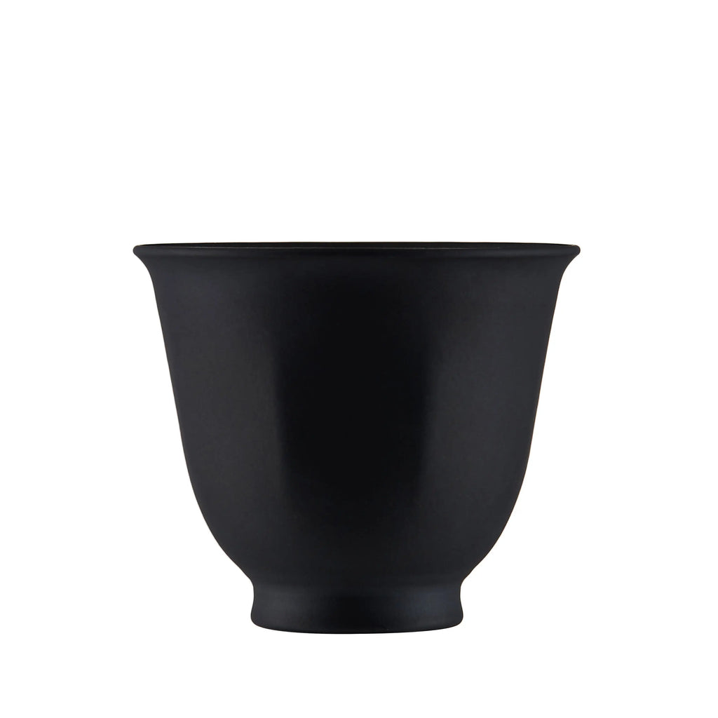 Single matte black pure titanium tea cup with flared double-wall rim, front view on white background