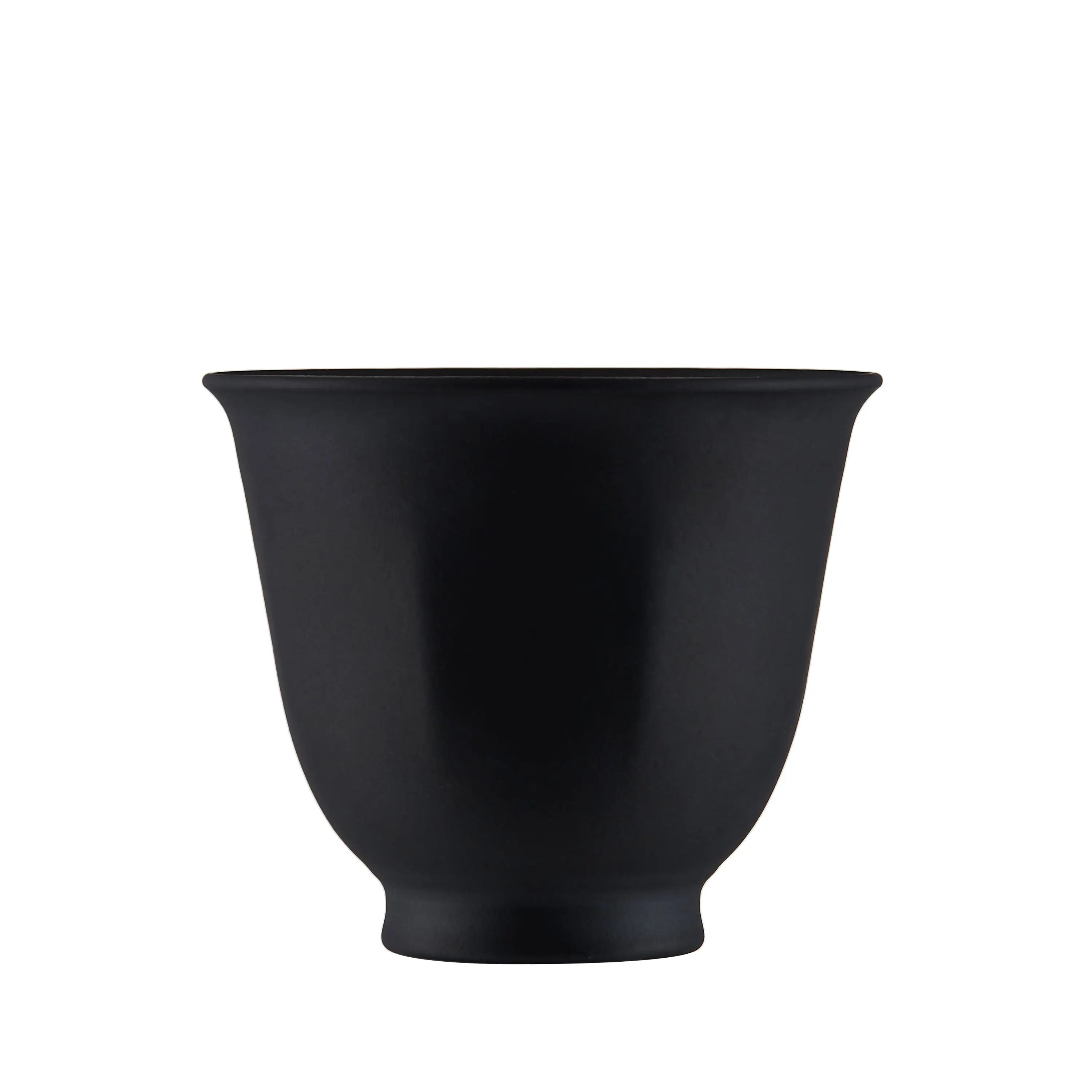 Single matte black pure titanium tea cup with flared double-wall rim, front view on white background