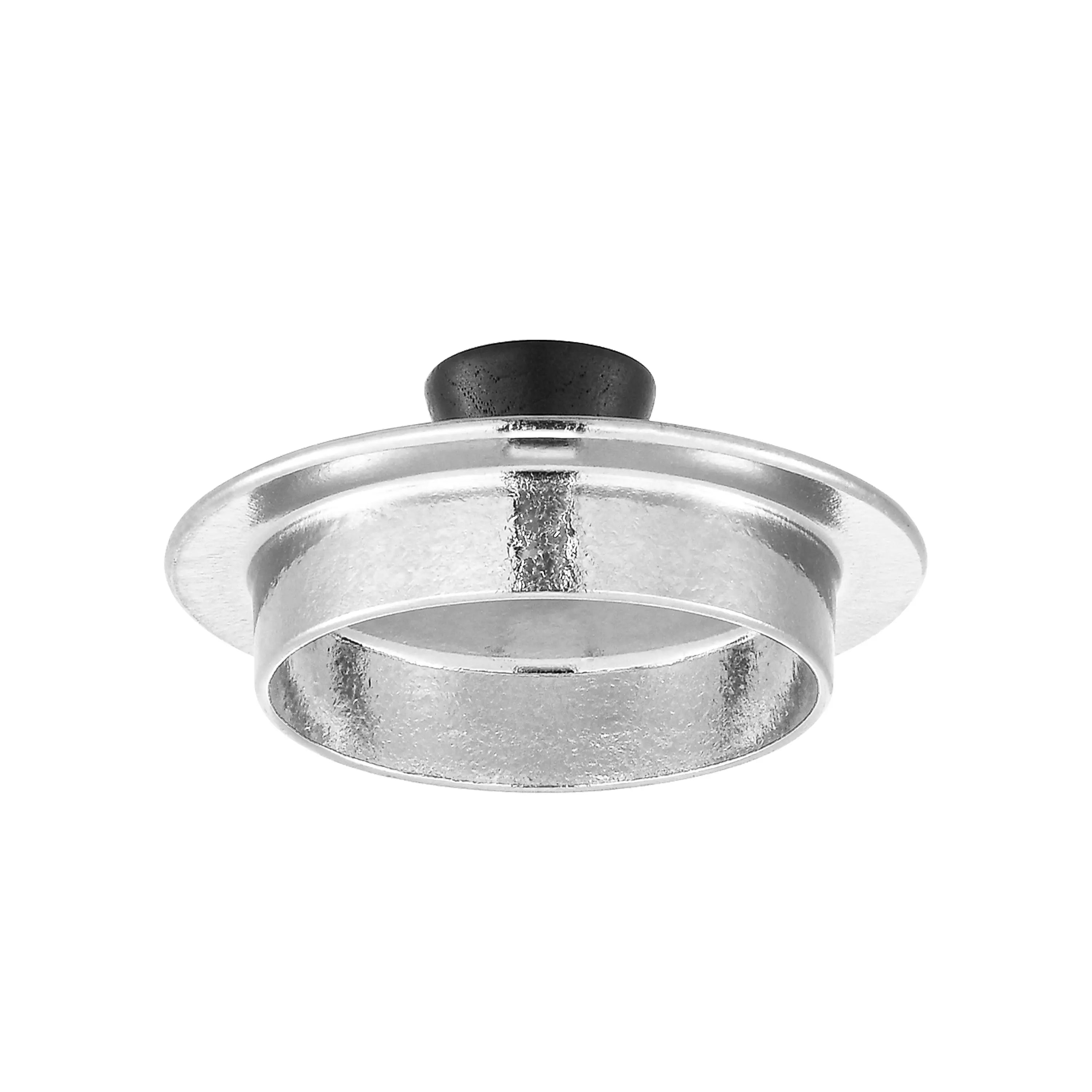 Pure titanium teapot lid detail, underside view showing silver flange rim and black wood knob