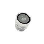 Monet Sailboat titanium infuser tumbler lid, top-down close-up of press button with etched wave emblem