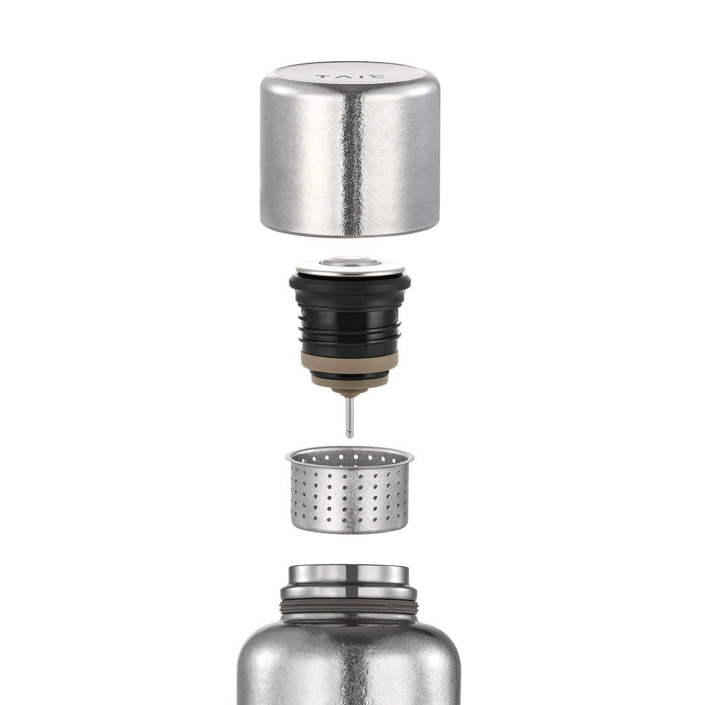 Exploded view of pure titanium thermal carafe: cup cap, temperature plug probe, tea infuser and flask body