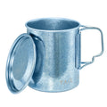 TAIC titanium crystalline camping mug in blue with its lid leaning against the body