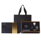 Pure titanium travel tea set gift packaging, black gaiwan, cups and saucer in open box with bag