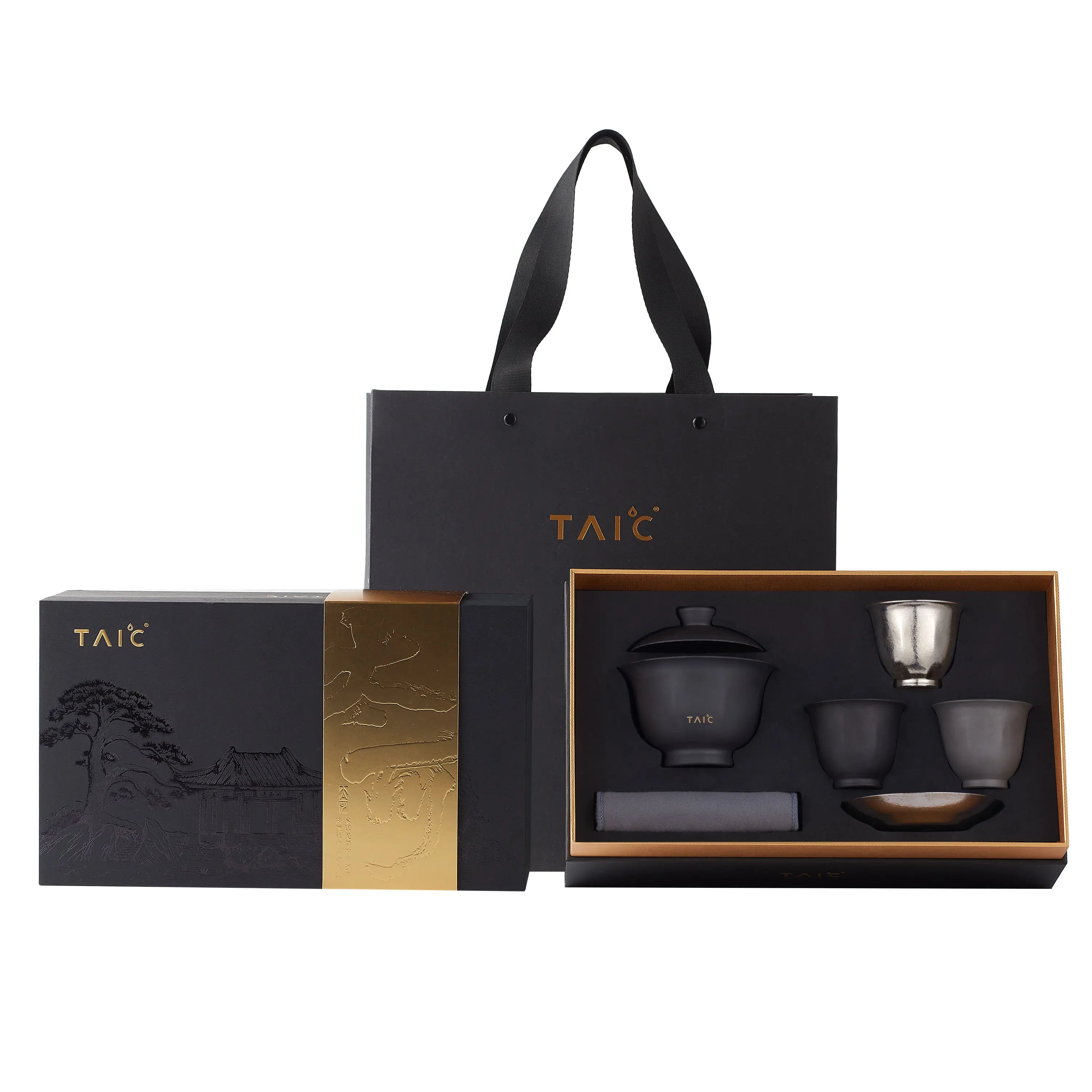 Pure titanium travel tea set gift packaging, black gaiwan, cups and saucer in open box with bag