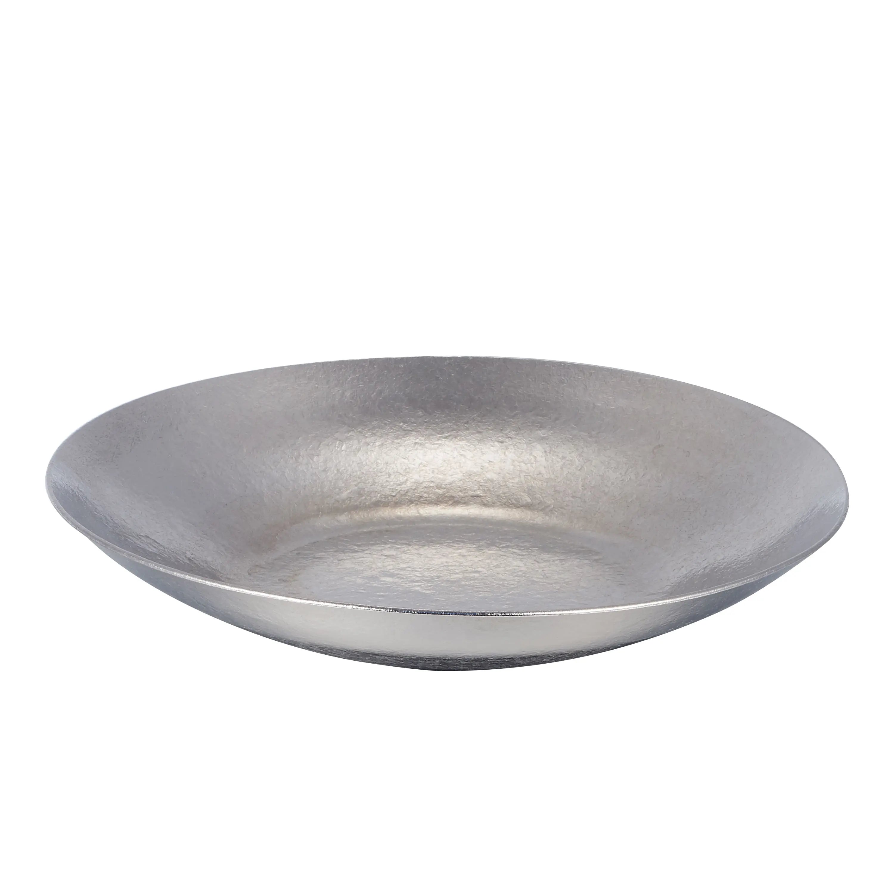Pure titanium travel tea set saucer, hammered silver-finish dish close-up on white background